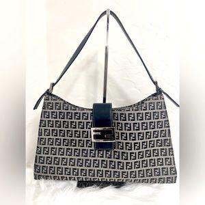 Fendi Zucchino Blue Canvas Mama Baguette Shoulder Bag